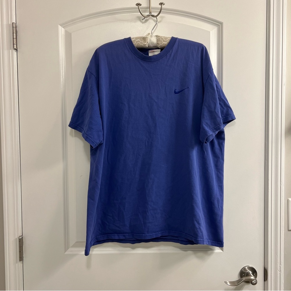 Nike Shirt Large Blue Swoosh Made In USA Vintage Embroidered Logo *Hole